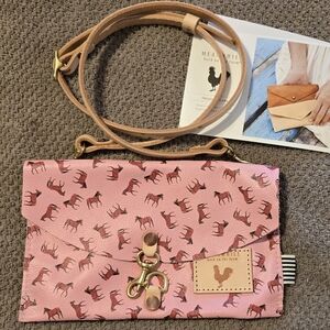 Meanwhile Back On The Farm Triple Crown Pink With Horses Envelope Crossbody NWT